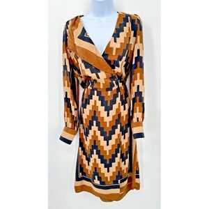 Brijo Retro Geometric Vintage Print Dress Shift Ruffle‎ Silk~ rap L ~Made in USA